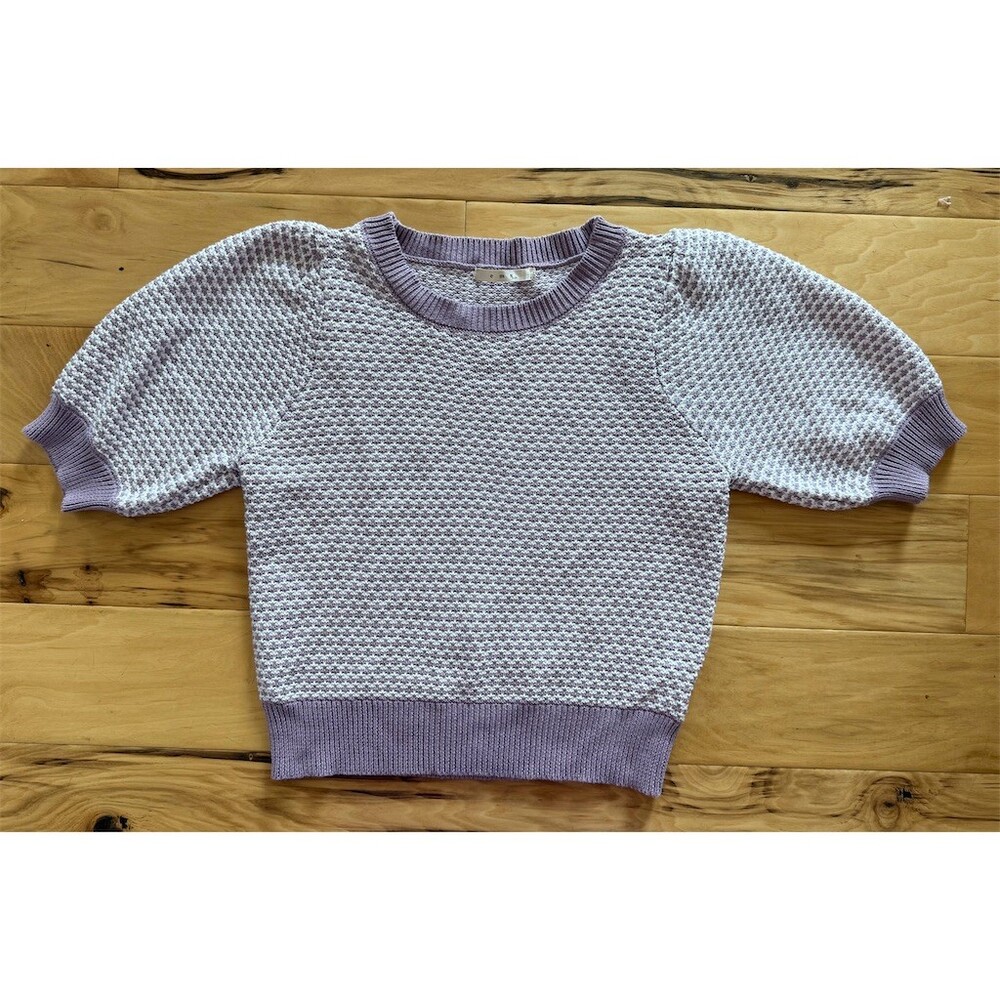 Ems Suite Sweater Womens S Lavender Ivory Textured Knit Puff Sleeve
